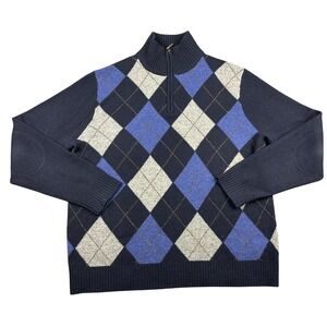 J Crew Argyle 100% Lambs Wool Argyle Pullover Sweater Men's L elbow Blue Patch